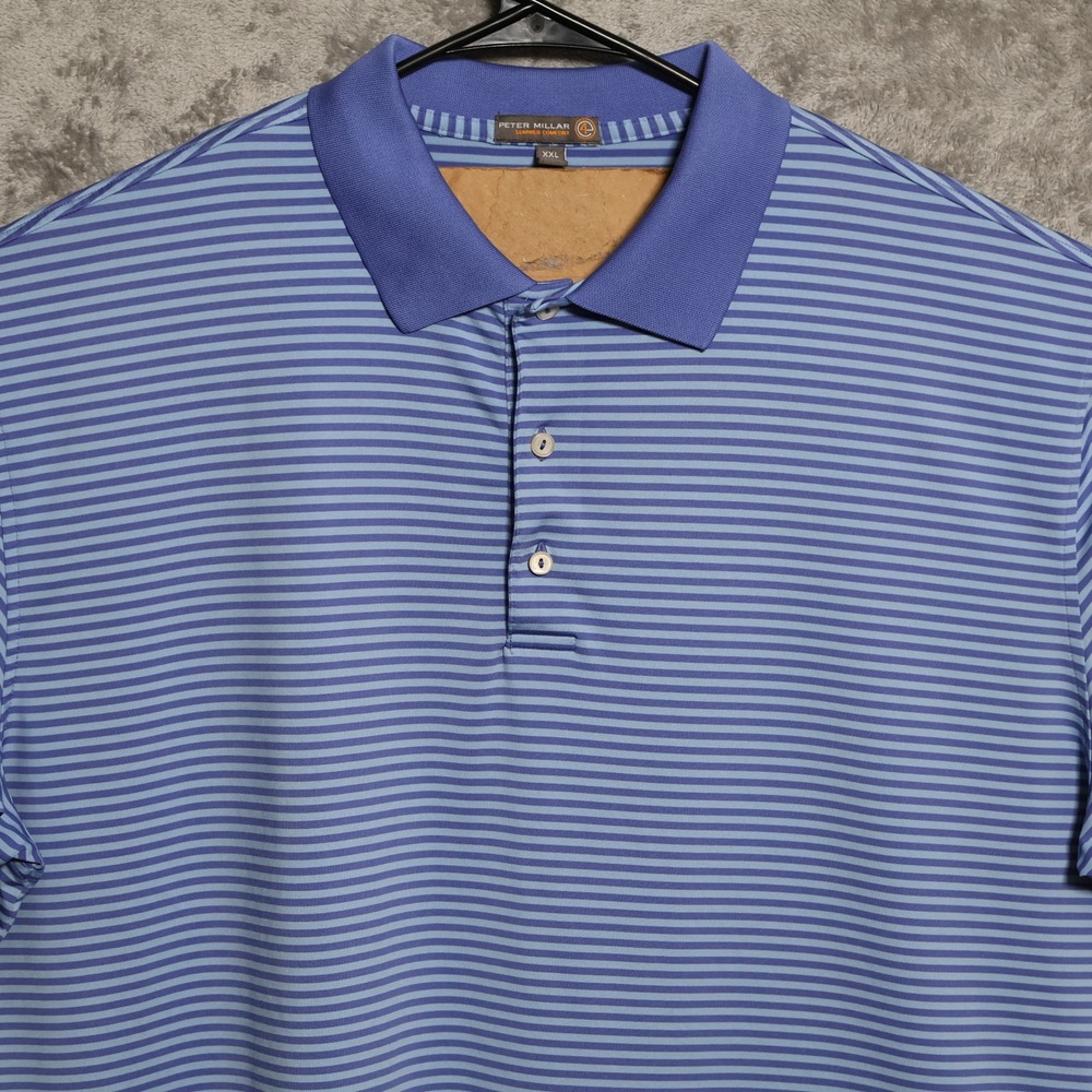 Peter Millar Polo Shirt Mens XXL Blue Striped Summer Comfort Preppy Golf Stretch